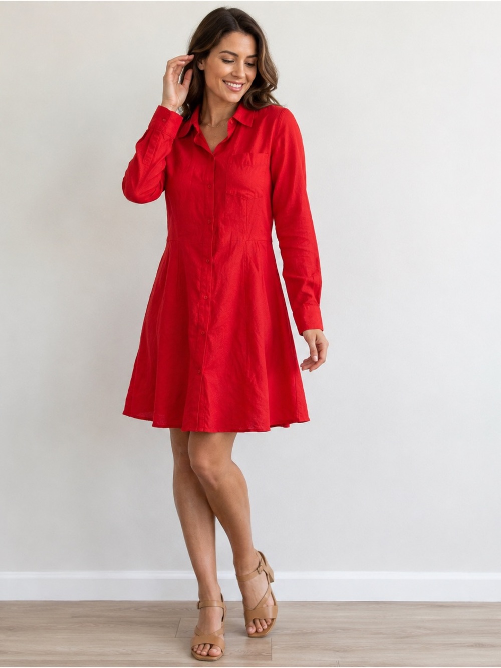 Anthropologie HD in Paris Vibrant Red Long-Sleeve Shirt Dress